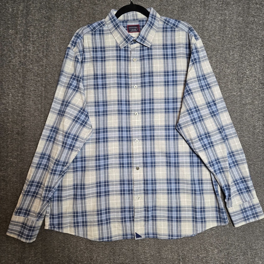 Untuckit Button-Up Dress Shirt Men's 2XL Regular Gingham Blue Tartan Long-Sleeve